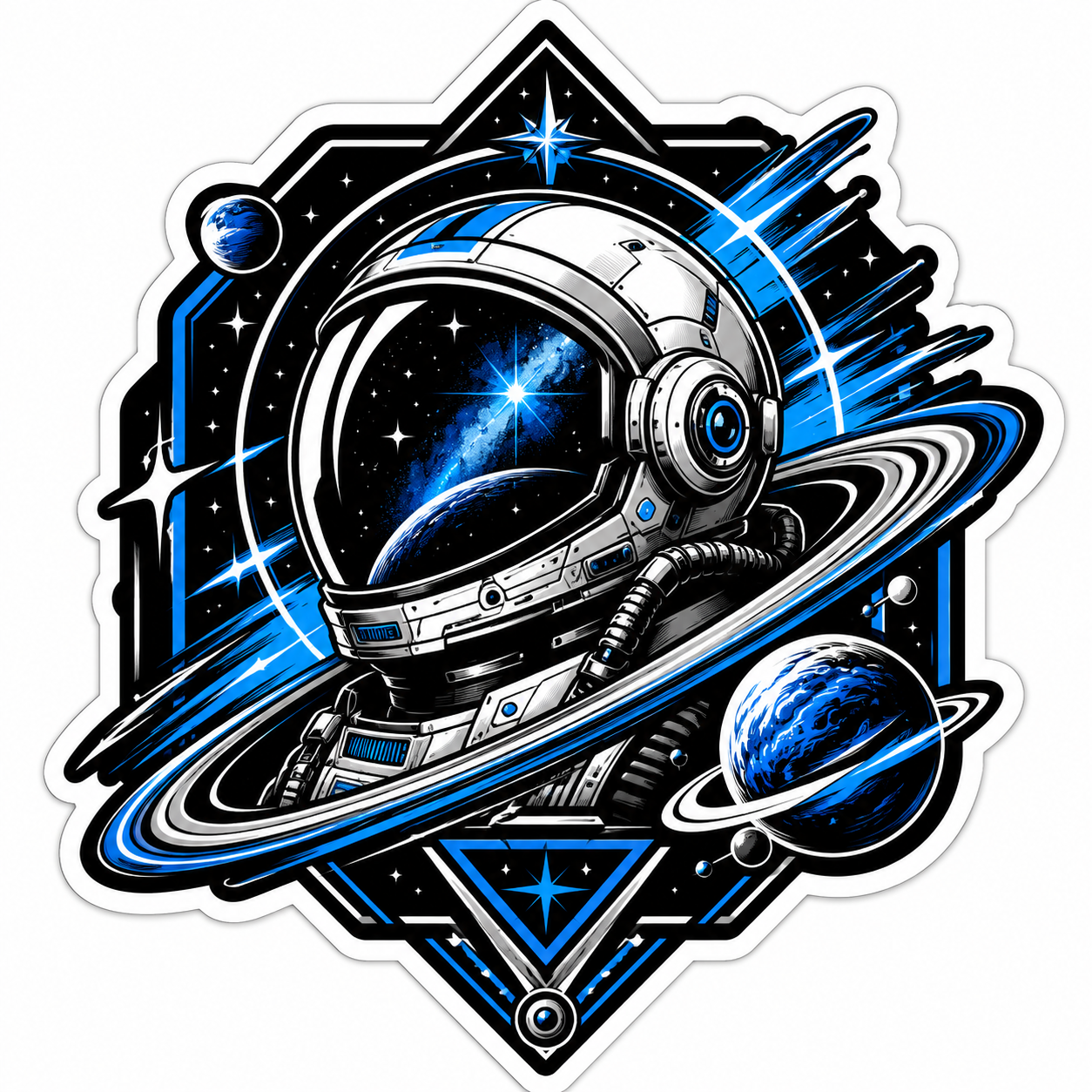 Cosmic astronaut die-cut sticker with blue planets, stars, galaxy background, and orbital rings