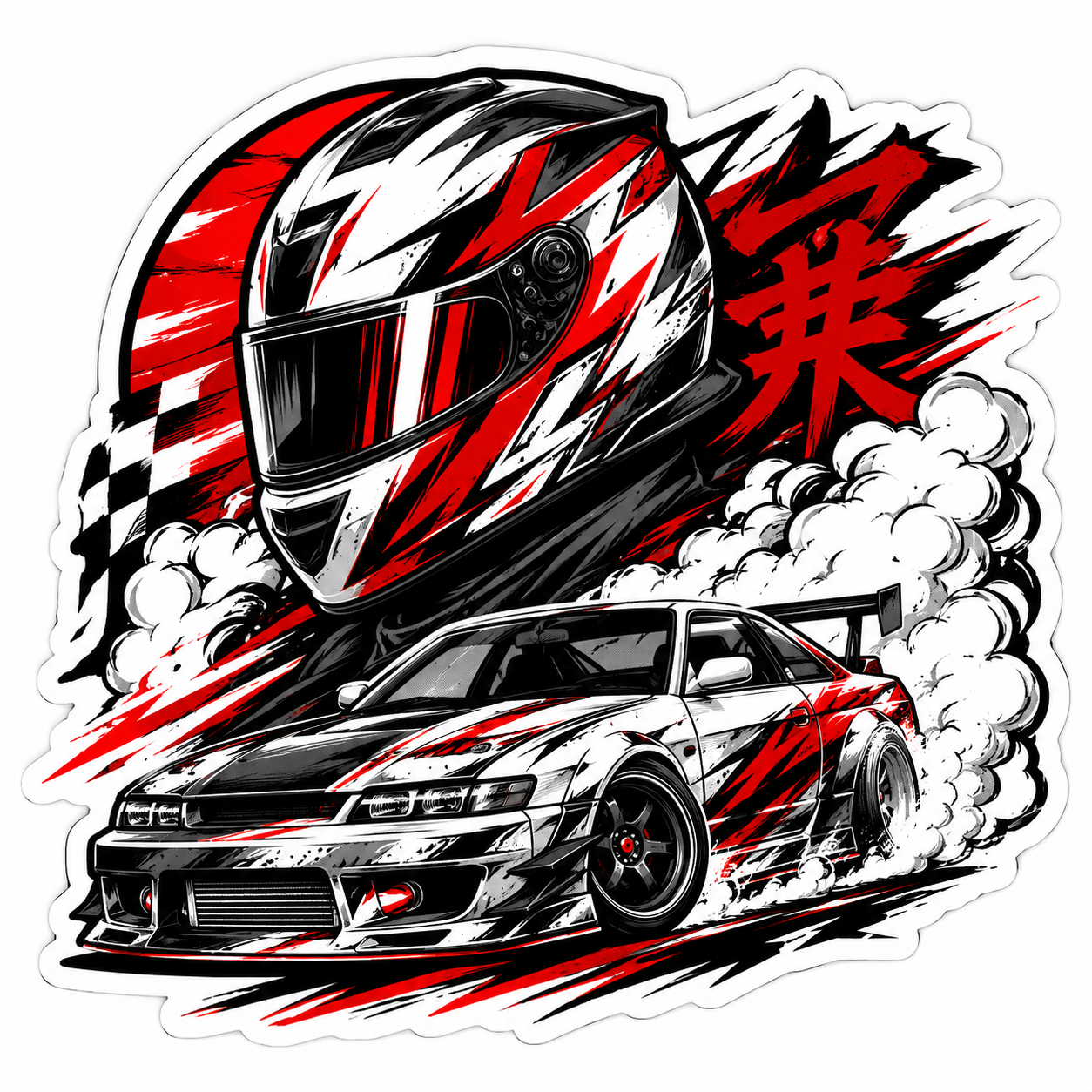 JDM racing warrior die-cut sticker with drift car, racing helmet, smoke clouds, and red black motion artwork