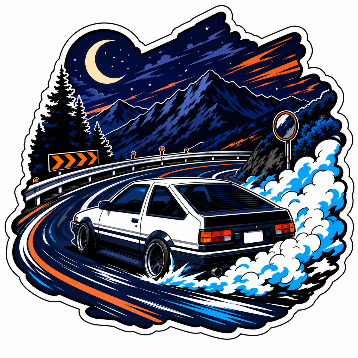 JDM touge drift hatchback die-cut sticker with mountain road and night sky