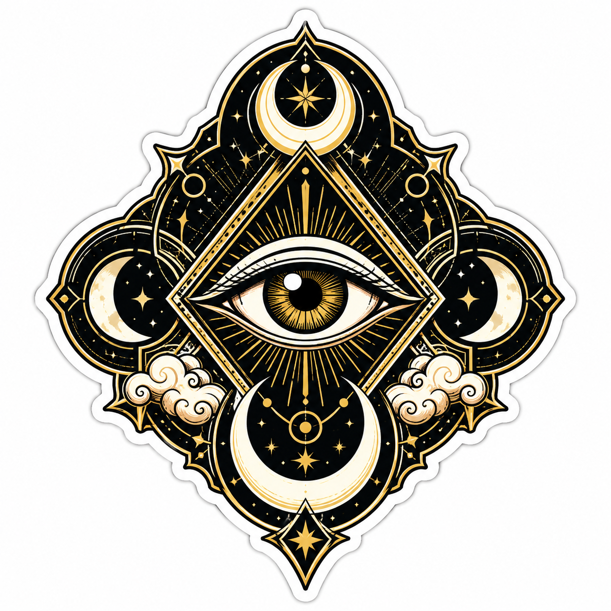 All-seeing moon eye die-cut sticker with black and gold celestial artwork, crescent moons, stars, and clouds