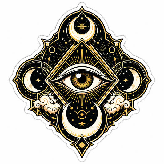 All-seeing moon eye die-cut sticker with black and gold celestial artwork, crescent moons, stars, and clouds