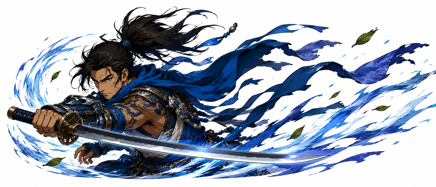 Anime inspired blue samurai warrior decal with sword slash and flowing wind graphics on white background