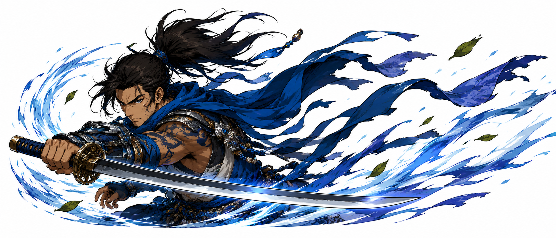 Anime inspired blue samurai warrior decal with sword slash and flowing wind graphics on white background
