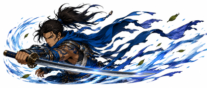Anime inspired blue samurai warrior decal with sword slash and flowing wind graphics on white background