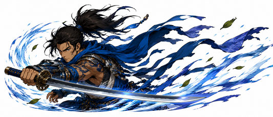 Anime inspired blue samurai warrior decal with sword slash and flowing wind graphics on white background