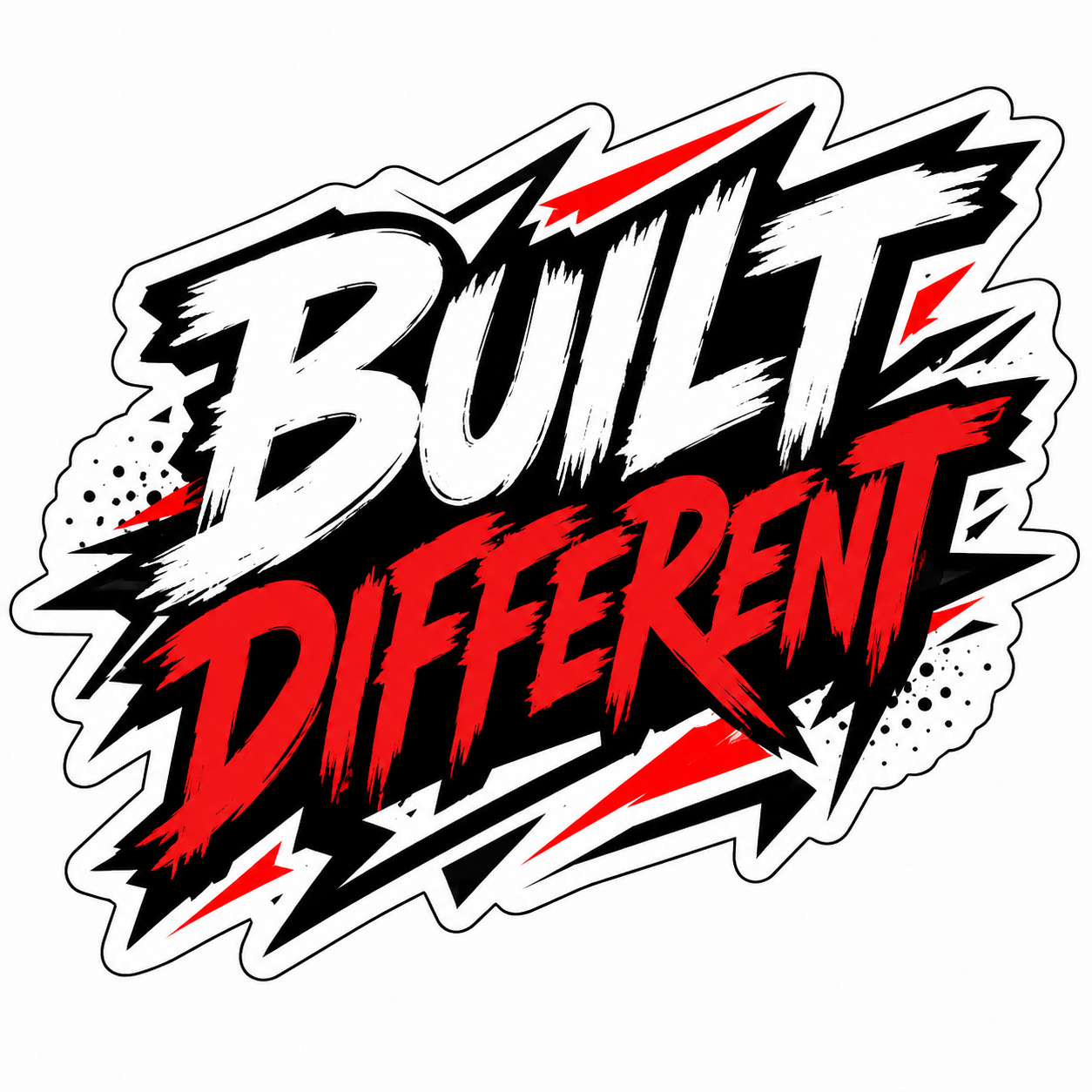Built Different die-cut sticker with bold red, black and white brush-style lettering