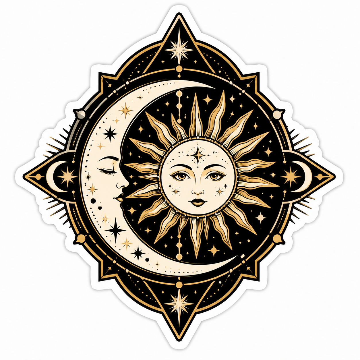 Celestial sun and moon die-cut sticker with stars, geometric frame, and black-and-gold ornamental artwork