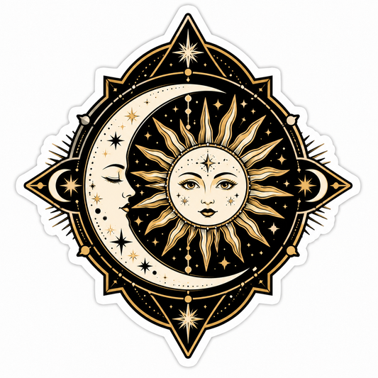 Celestial sun and moon die-cut sticker with stars, geometric frame, and black-and-gold ornamental artwork