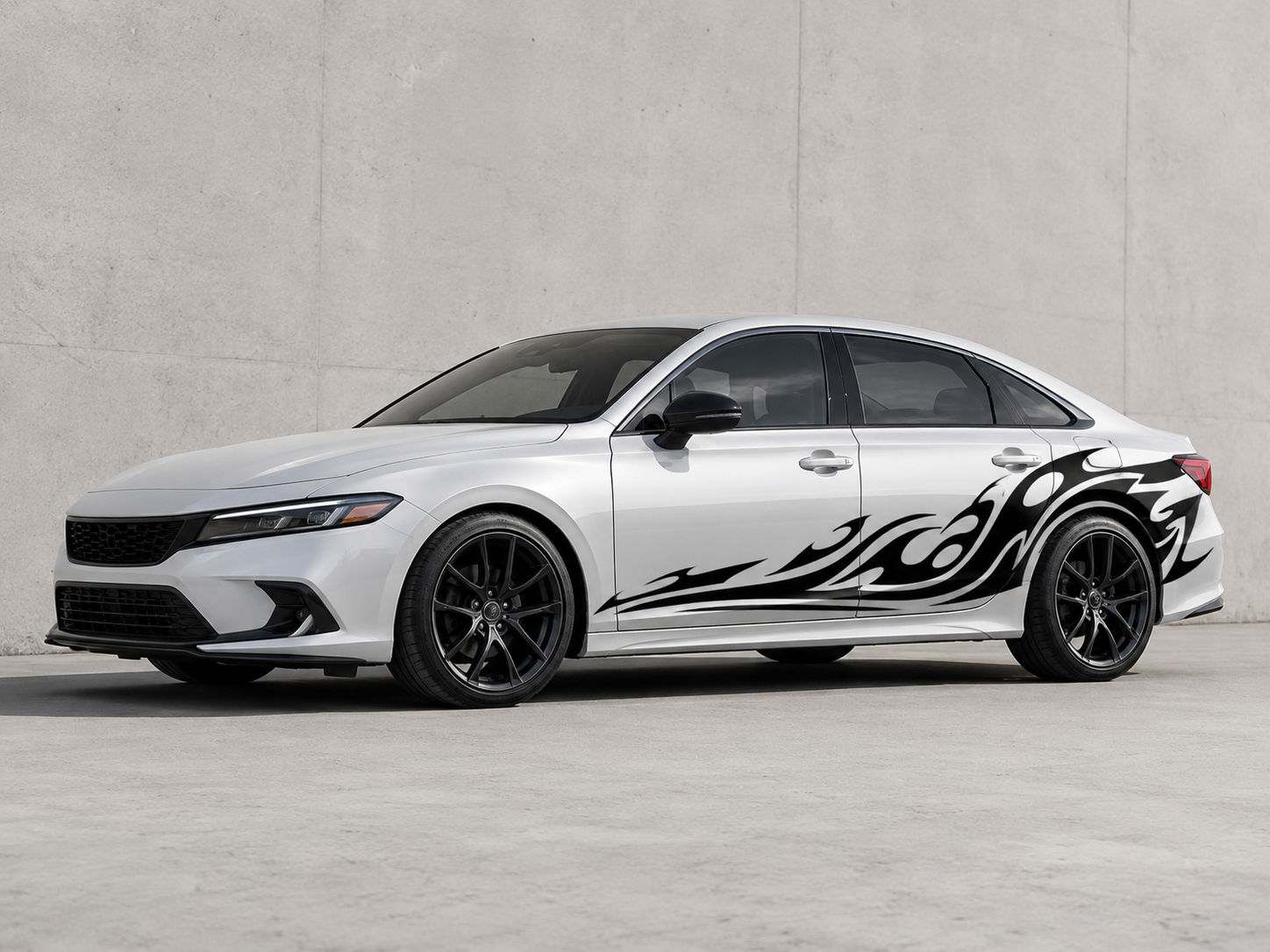 Black tribal flame car side livery decal kit with mirrored driver and passenger side vehicle graphics on an AI Generated car