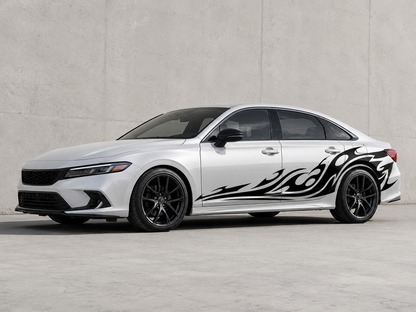 Black tribal flame car side livery decal kit with mirrored driver and passenger side vehicle graphics on an AI Generated car