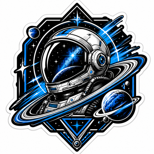 Cosmic astronaut die-cut sticker with blue planets, stars, galaxy background, and orbital rings