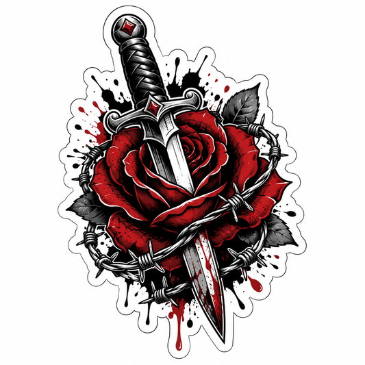 Dagger rose die-cut sticker with red rose, barbed wire, black ink splatter, and gothic tattoo-style artwork