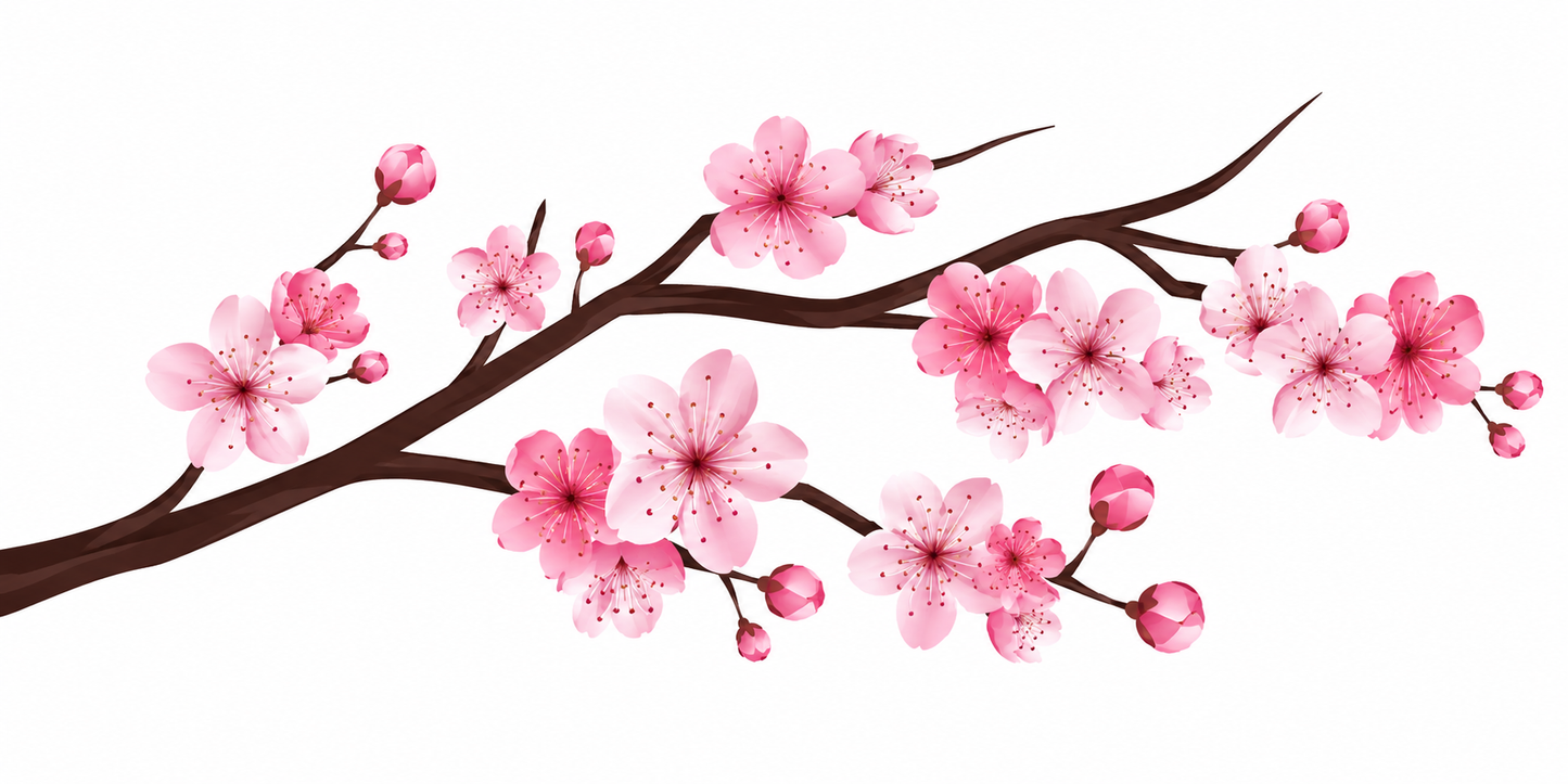 Pink sakura cherry blossom branch car decal with dark brown branches and detailed flower buds
