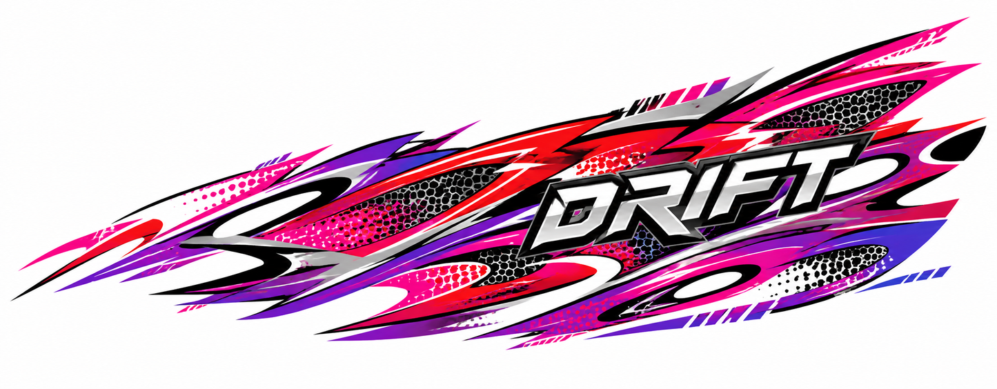 Colourful drift racing side livery decal with pink purple red graphics and bold DRIFT text on white background