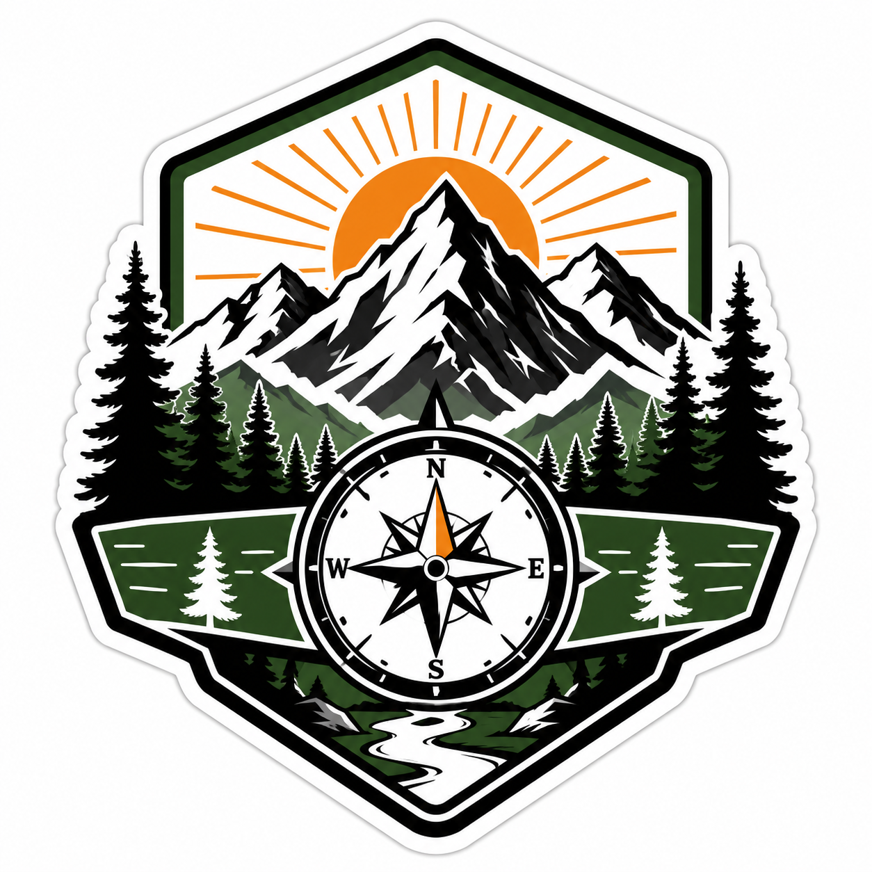 Mountain compass adventure die-cut sticker with snow mountains, pine trees, sunrise, river, and outdoor badge artwork
