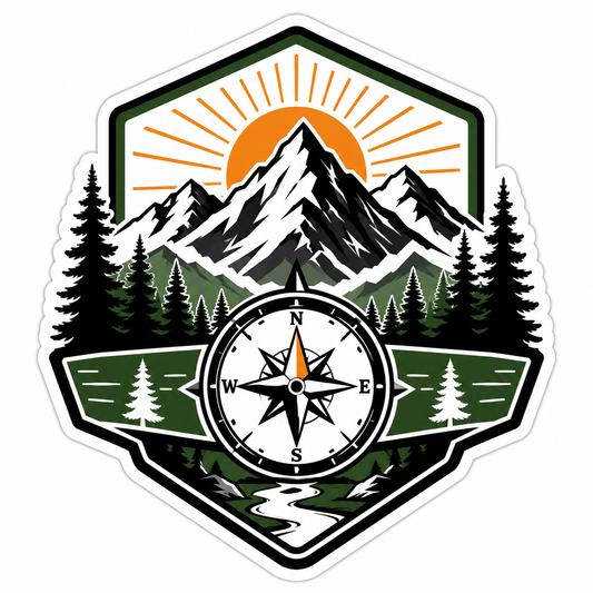 Mountain compass adventure die-cut sticker with snow mountains, pine trees, sunrise, river, and outdoor badge artwork