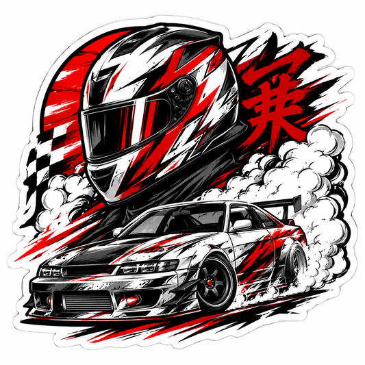 JDM racing warrior die-cut sticker with drift car, racing helmet, smoke clouds, and red black motion artwork