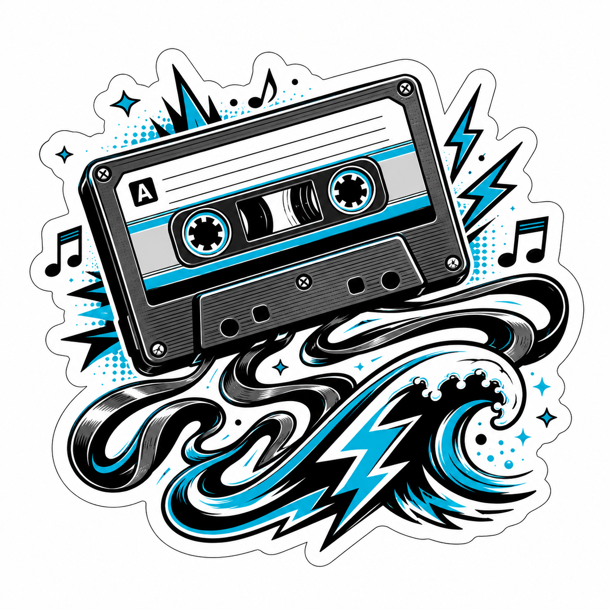 Retro cassette wave die-cut sticker with musical notes, blue lightning, stars, and black-and-white ocean artwork