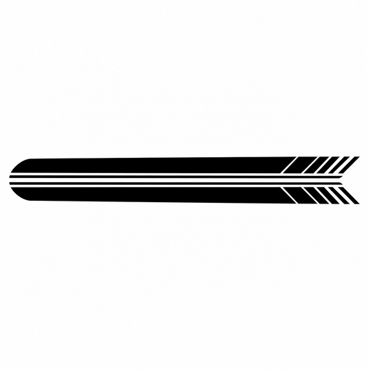 Black retro racing triple stripe side livery decal with rear arrow accents on white background