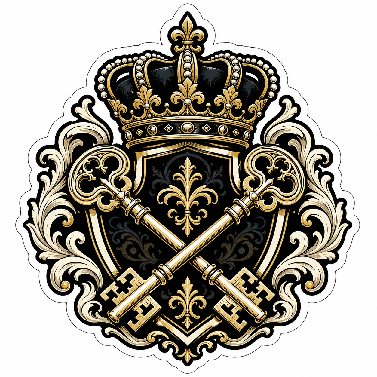 Royal crown keys die-cut sticker with black and gold crest, crossed vintage keys, and ornamental baroque artwork