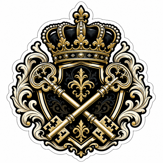 Royal crown keys die-cut sticker with black and gold crest, crossed vintage keys, and ornamental baroque artwork