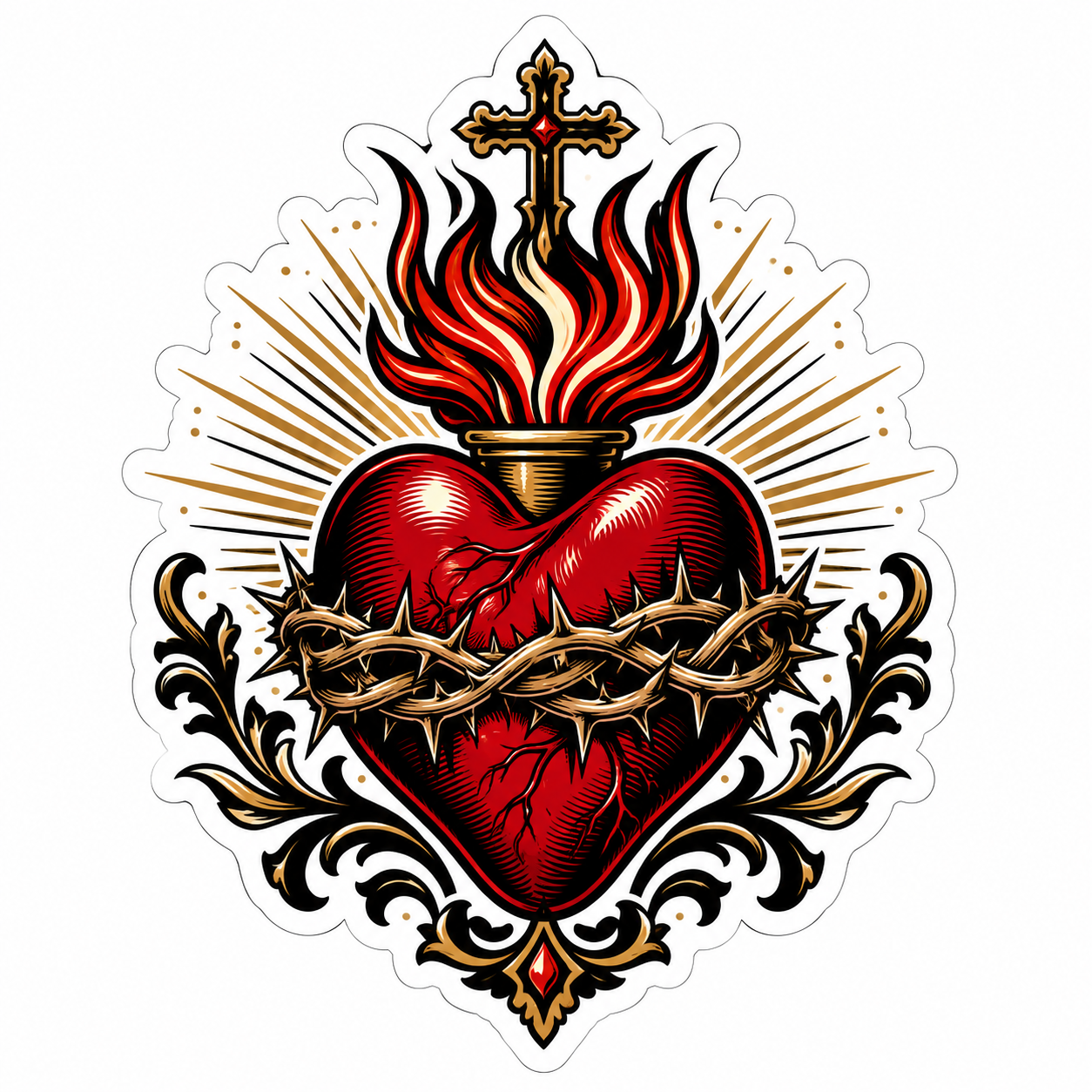 Sacred heart flame die-cut sticker with crown of thorns, ornate cross, golden rays, and black gold decorative artwork