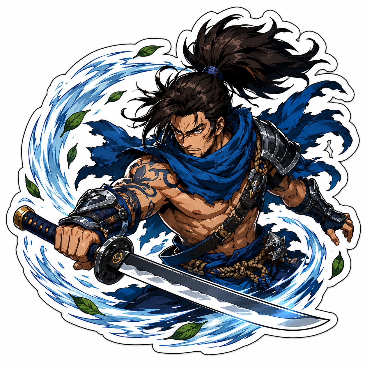 Blue wind samurai warrior die-cut sticker with katana, swirling air, flying leaves and Japanese-inspired armour