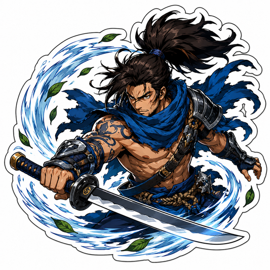 Blue wind samurai warrior die-cut sticker with katana, swirling air, flying leaves and Japanese-inspired armour