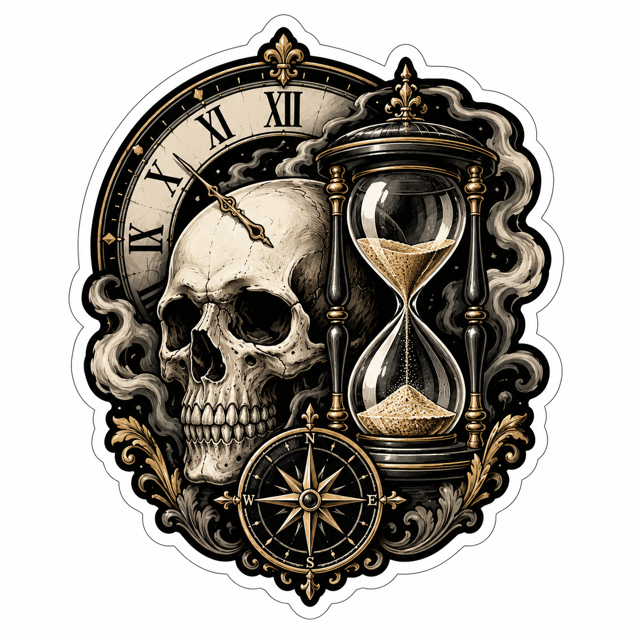Timeless gothic skull die-cut sticker with hourglass, vintage clock, compass, smoke, and gold ornamental artwork