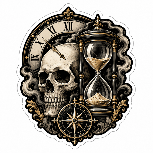 Timeless gothic skull die-cut sticker with hourglass, vintage clock, compass, smoke, and gold ornamental artwork