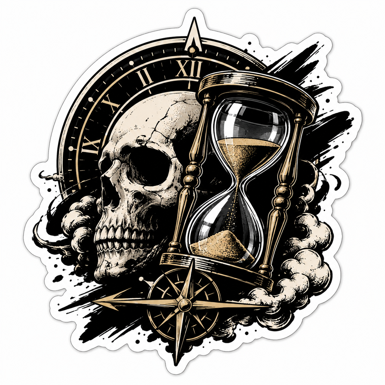 Timeless reflection skull hourglass die-cut sticker with Roman clock, compass, smoke, and black gold gothic artwork