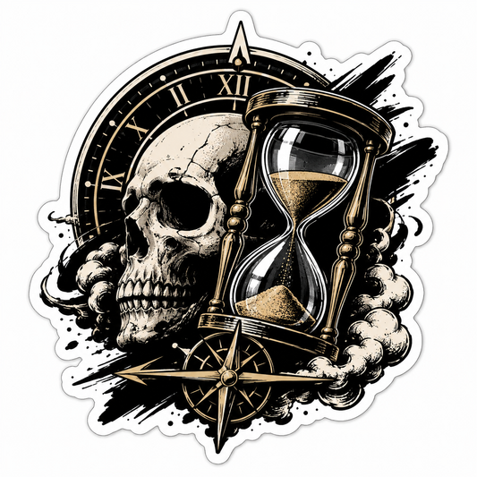 Timeless reflection skull hourglass die-cut sticker with Roman clock, compass, smoke, and black gold gothic artwork