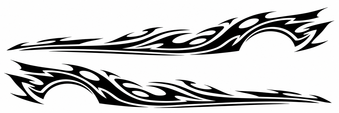 Black tribal flame car side livery decal kit with mirrored driver and passenger side vehicle graphics