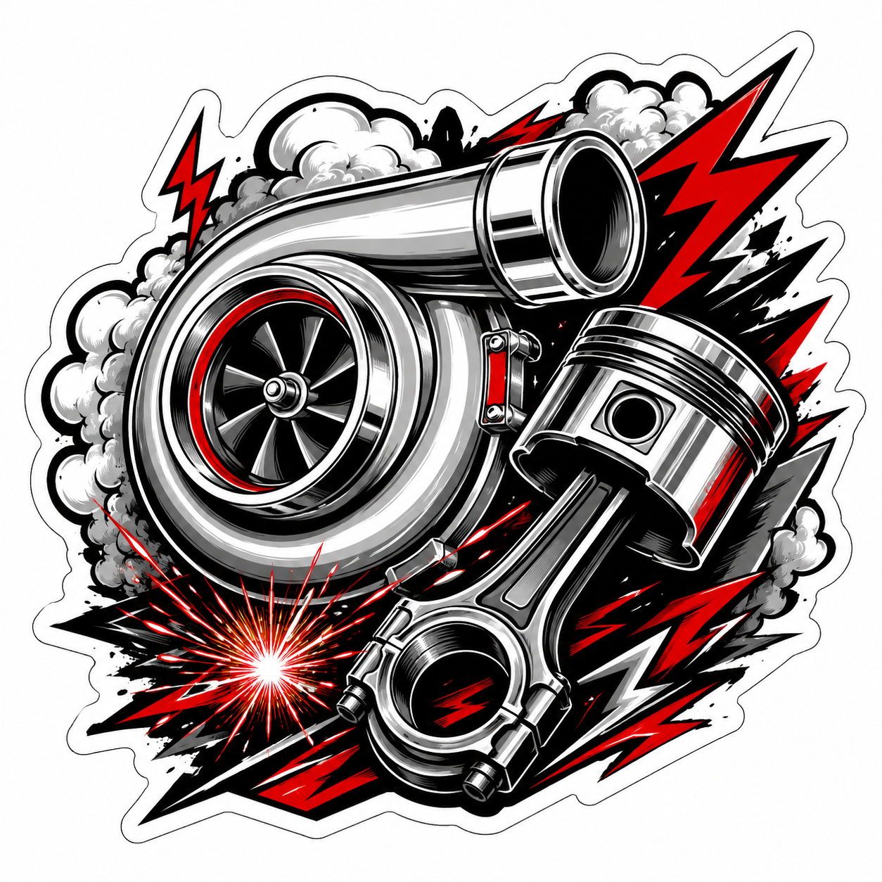 Turbocharged power die-cut sticker with chrome turbocharger, piston, smoke clouds, red lightning, and spark artwork