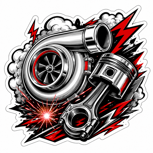 Turbocharged power die-cut sticker with chrome turbocharger, piston, smoke clouds, red lightning, and spark artwork
