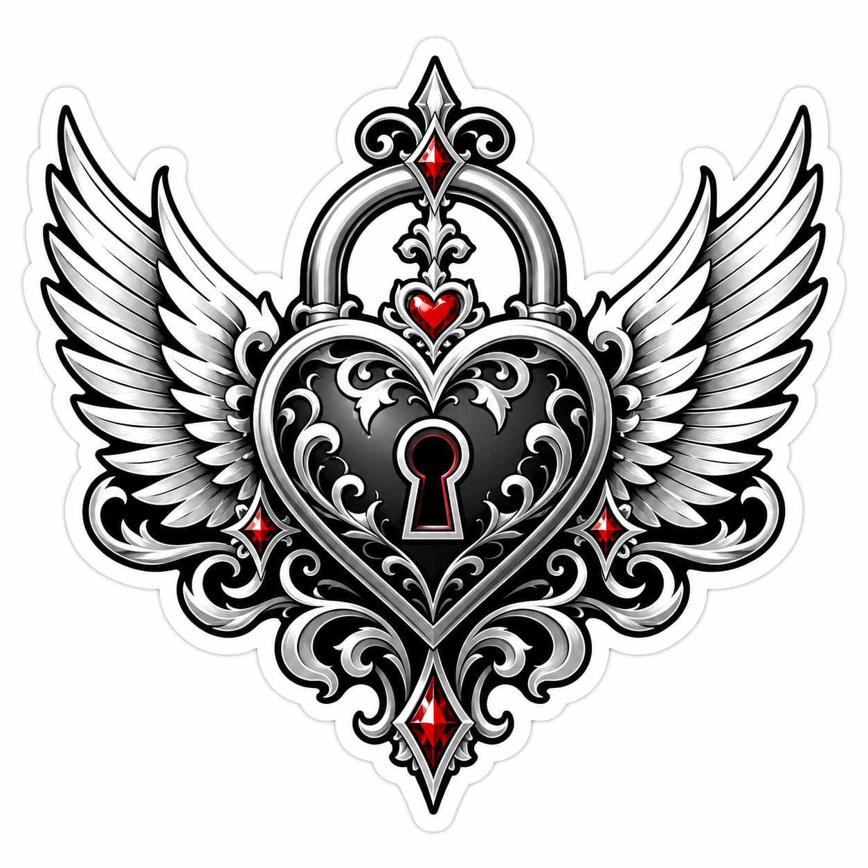 Winged heart lock die-cut sticker with silver angel wings, keyhole, red gemstones, and gothic ornamental details