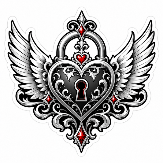 Winged heart lock die-cut sticker with silver angel wings, keyhole, red gemstones, and gothic ornamental details