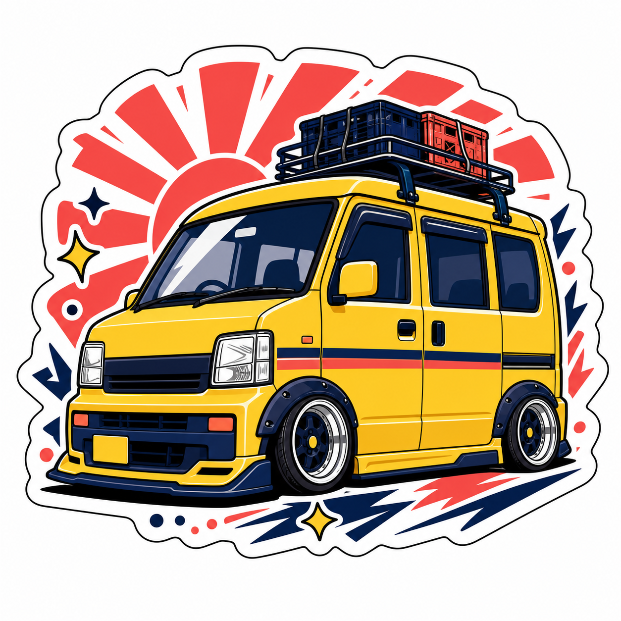 Yellow van with roof rack on a white background with decorative elements