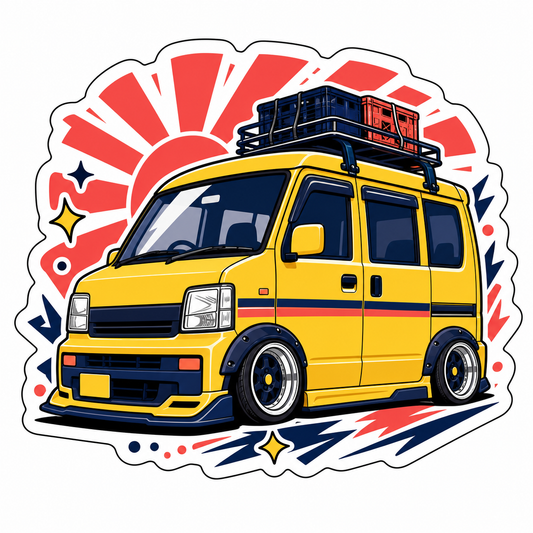 Yellow van with roof rack on a white background with decorative elements