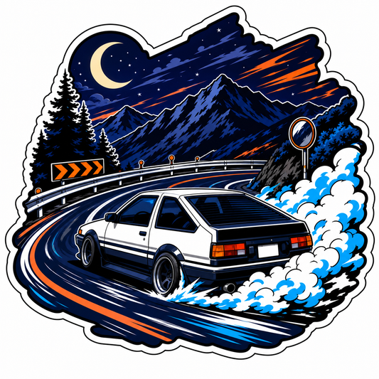 JDM touge drift hatchback die-cut sticker with mountain road and night sky