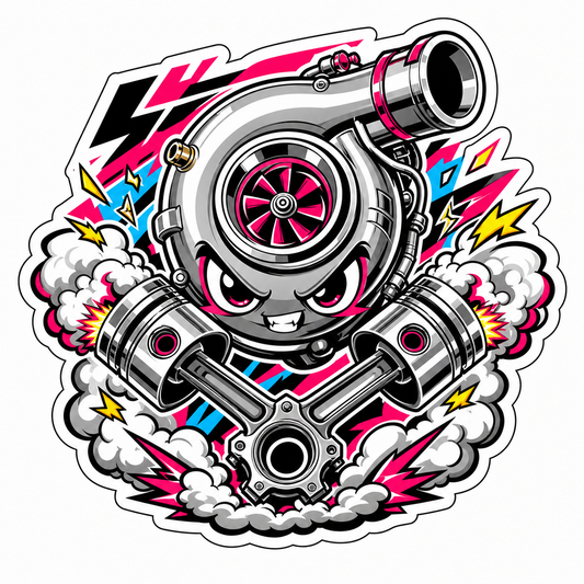 JDM turbo piston die-cut sticker with smoke, lightning, and bright performance artwork
