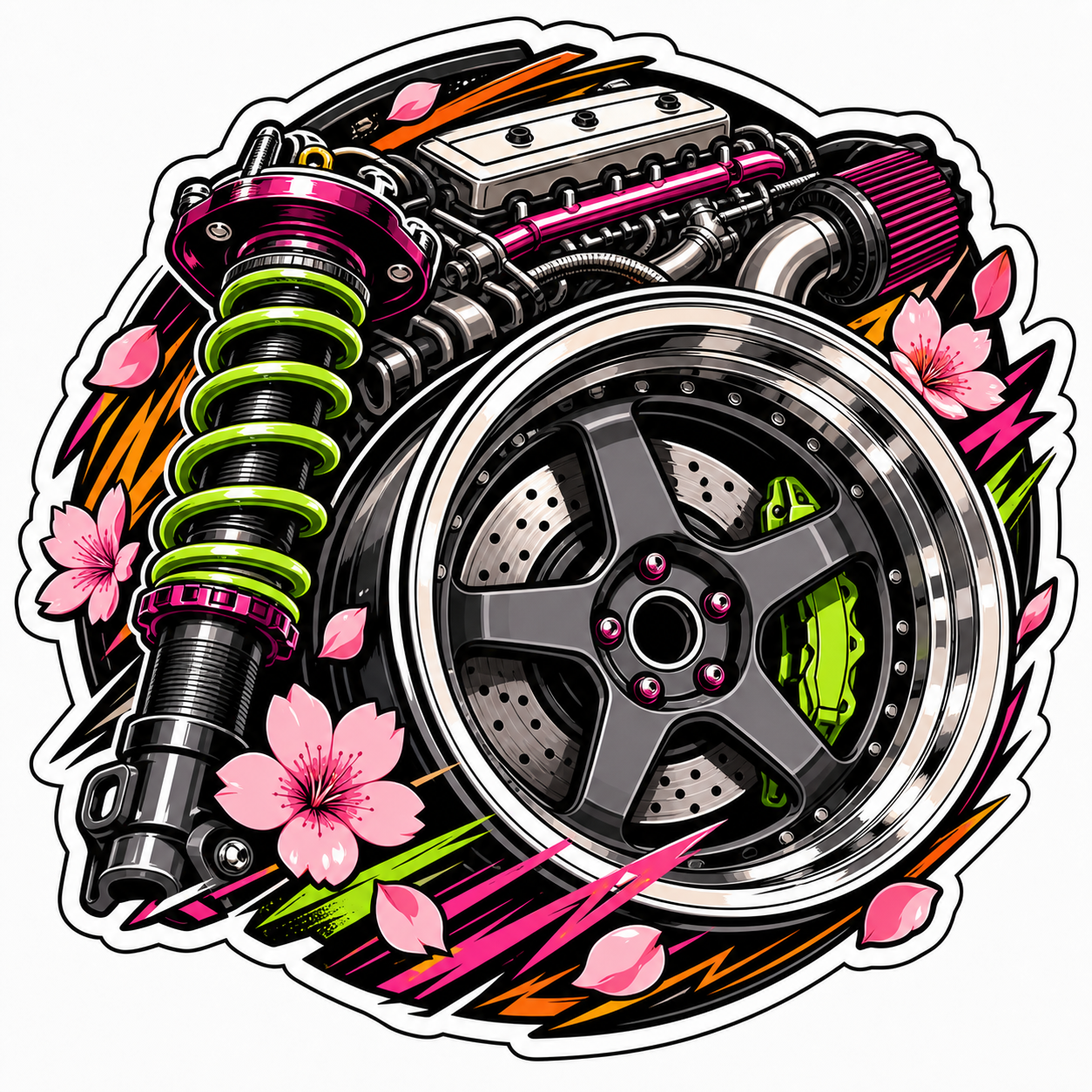 JDM wheel and coilover die-cut sticker with sakura flowers and engine details