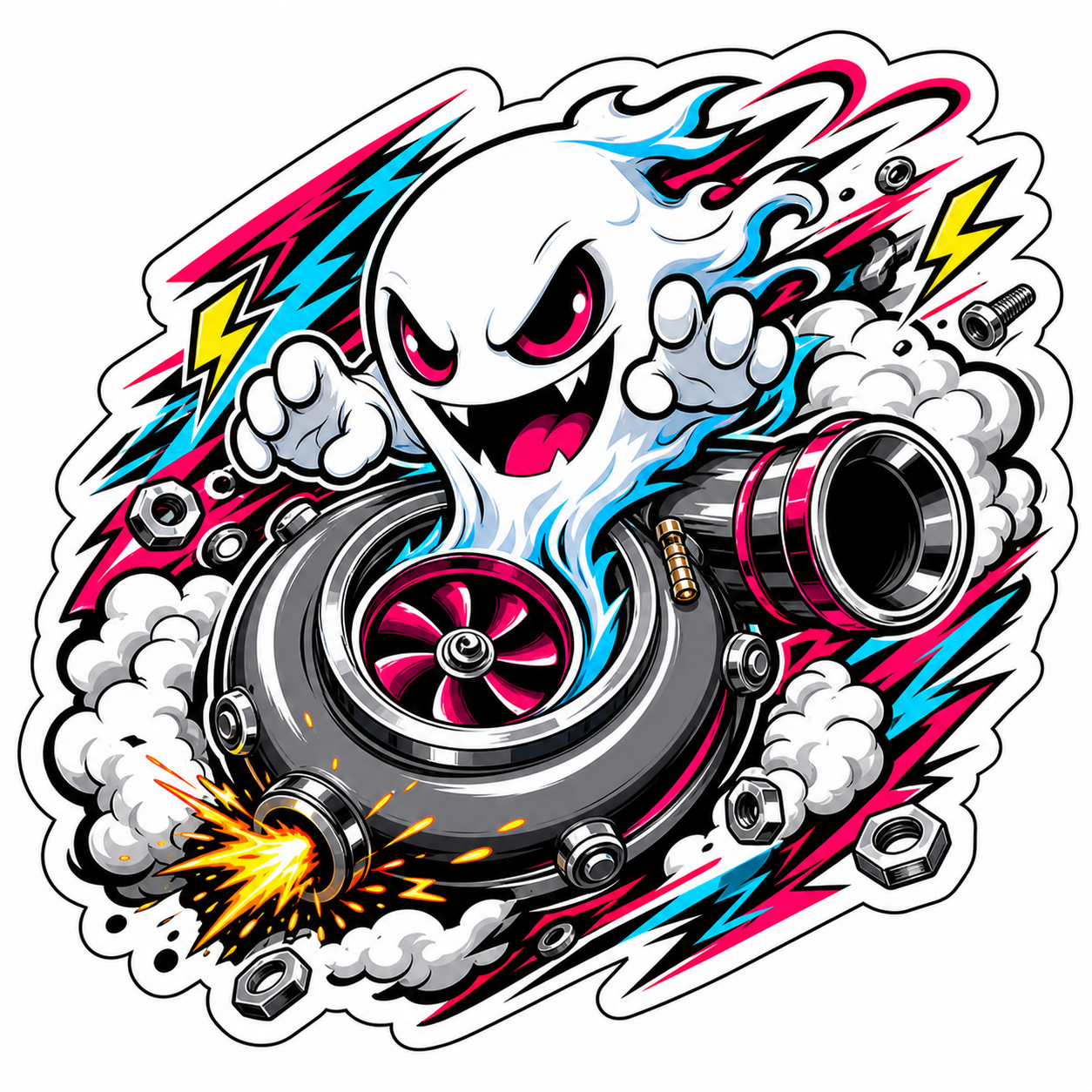 JDM turbo ghost die-cut sticker with smoke, lightning, flame, and turbocharger artwork