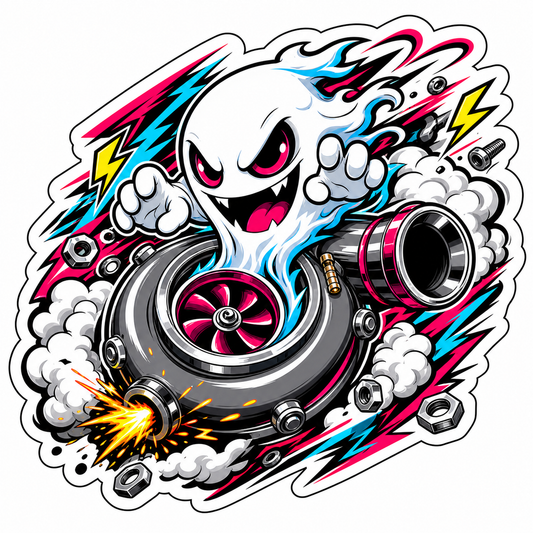 JDM turbo ghost die-cut sticker with smoke, lightning, flame, and turbocharger artwork