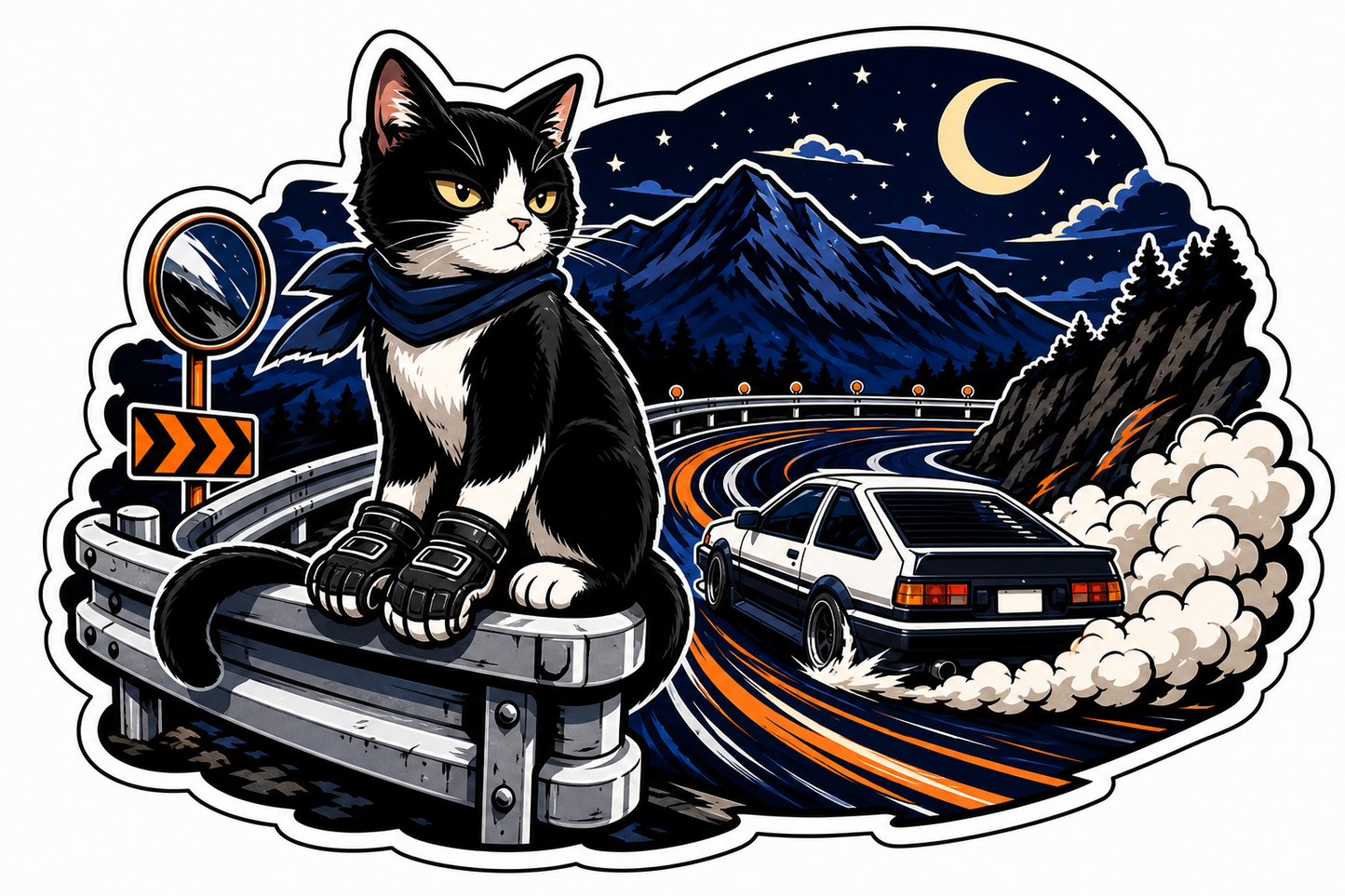 JDM midnight touge cat die-cut sticker with retro drift car, mountain road, moon, and smoke