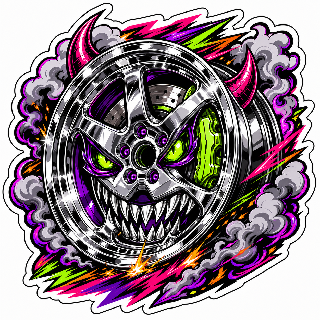 JDM demon wheel die-cut sticker with chrome rim, neon smoke, horns, and green brake details