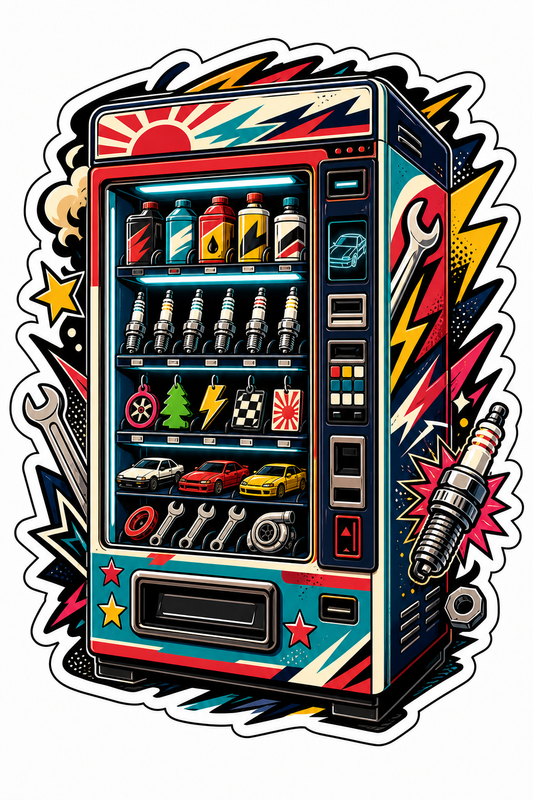 JDM garage vending machine die-cut sticker with car parts, tools, spark plugs, oil bottles, and mini cars