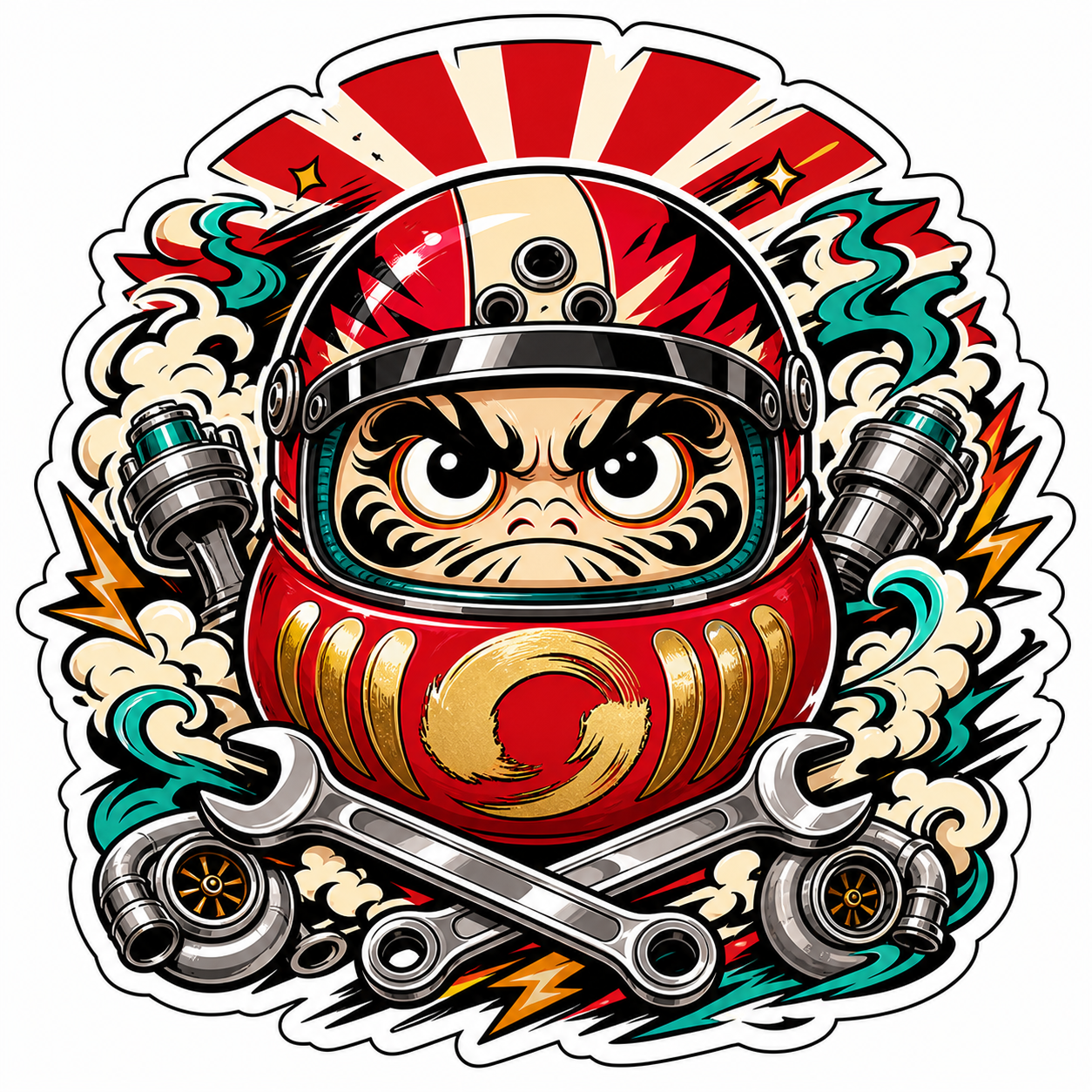 JDM lucky drift daruma die-cut sticker with racing helmet, turbo parts, tools, smoke, and rising sun background