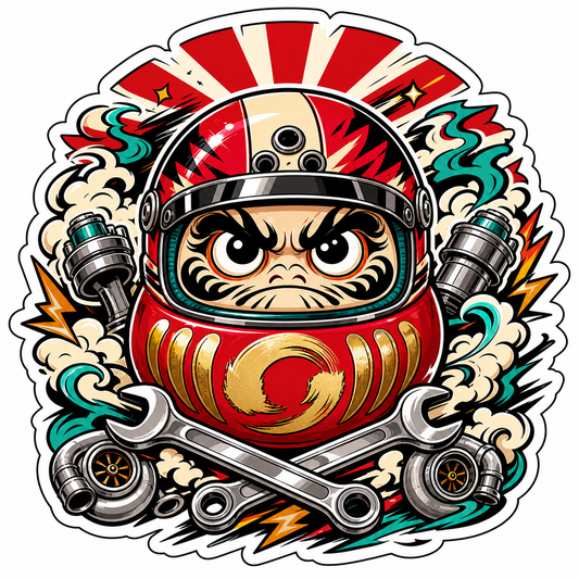 JDM lucky drift daruma die-cut sticker with racing helmet, turbo parts, tools, smoke, and rising sun background